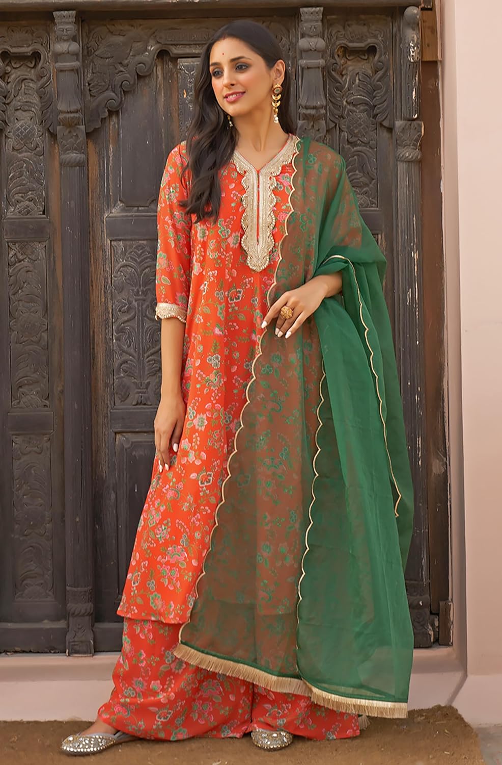 Janasya Women's Orange Georgette Botanical Printed Kurta with Palazzo and Dupatta