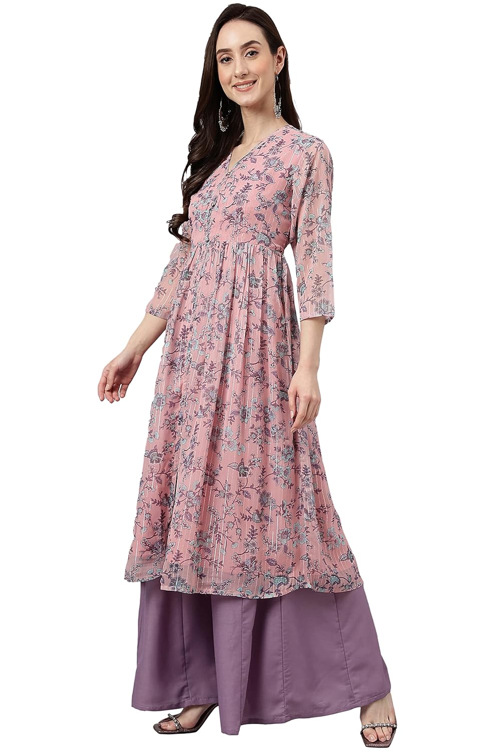 Janasya Women's Pink Chiffon Lurex Floral Printed Flared Kurta
