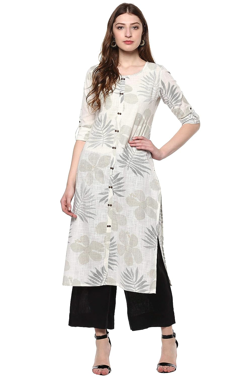 Janasya Women's Off White Cotton Foil Print Straight Kurta