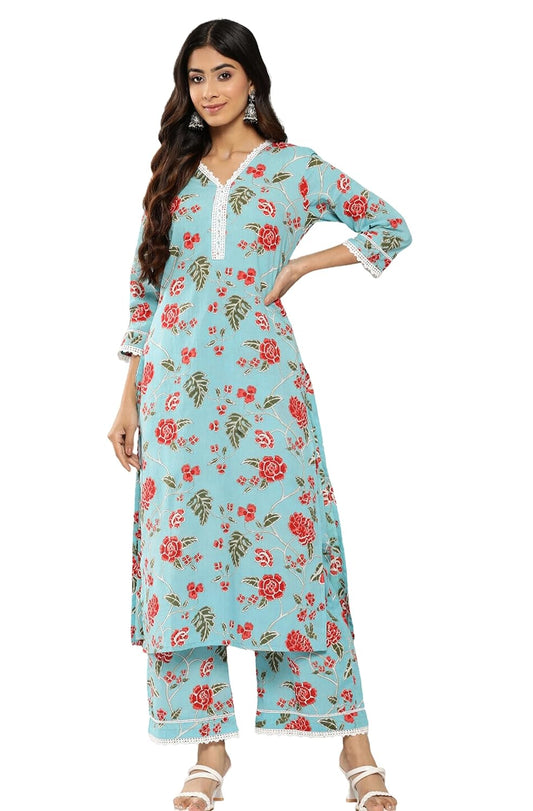 Janasya Women's Sky Blue Cotton Floral Printed Co-ords Set