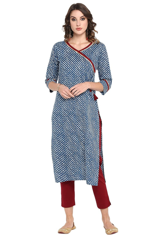 Janasya Women's Blue Pure Cotton Straight Kurta with Pant