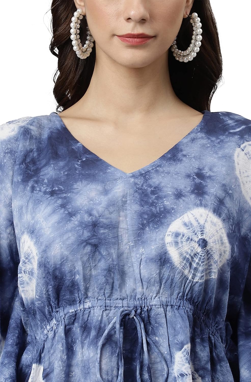 Janasya Women's Navy Blue Cotton Tie dye Kaftan Tunic