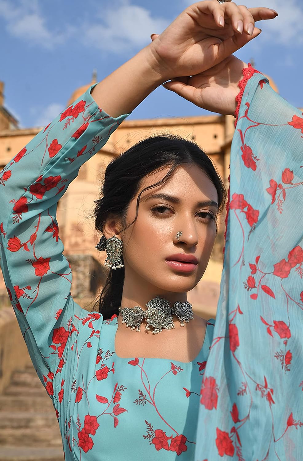 Janasya Women's Sea Green Georgette Floral Print Kurta with Flared Palazzo and Dupatta