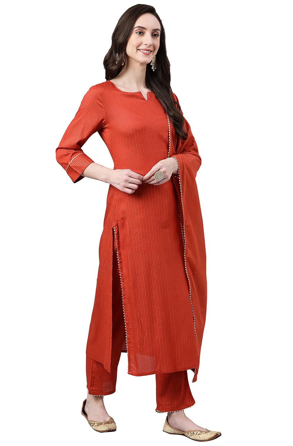 Janasya Women's Orange Rayon Striped Kurta with Pant and Dupatta