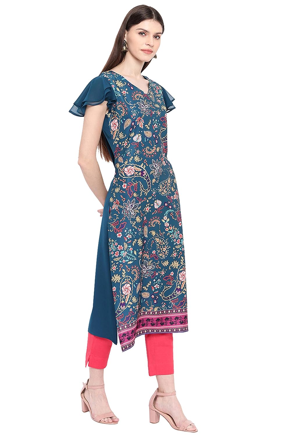 Janasya Women's Teal Poly Crepe Kurta