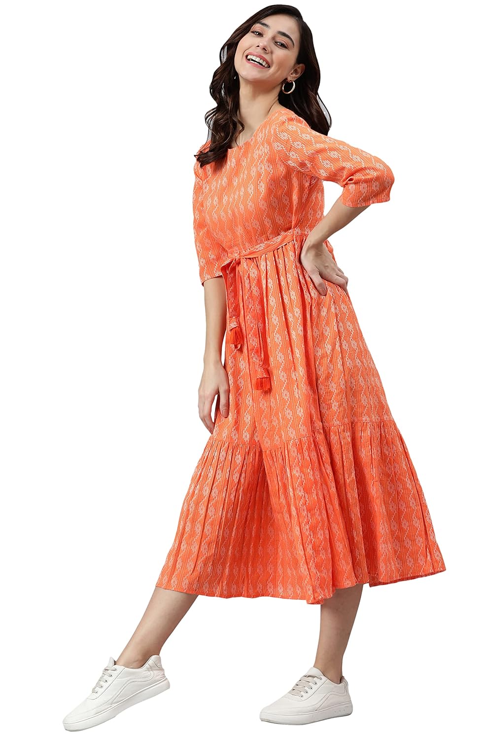 Janasya Women's Blue Cotton Woven Midi Dress Orange