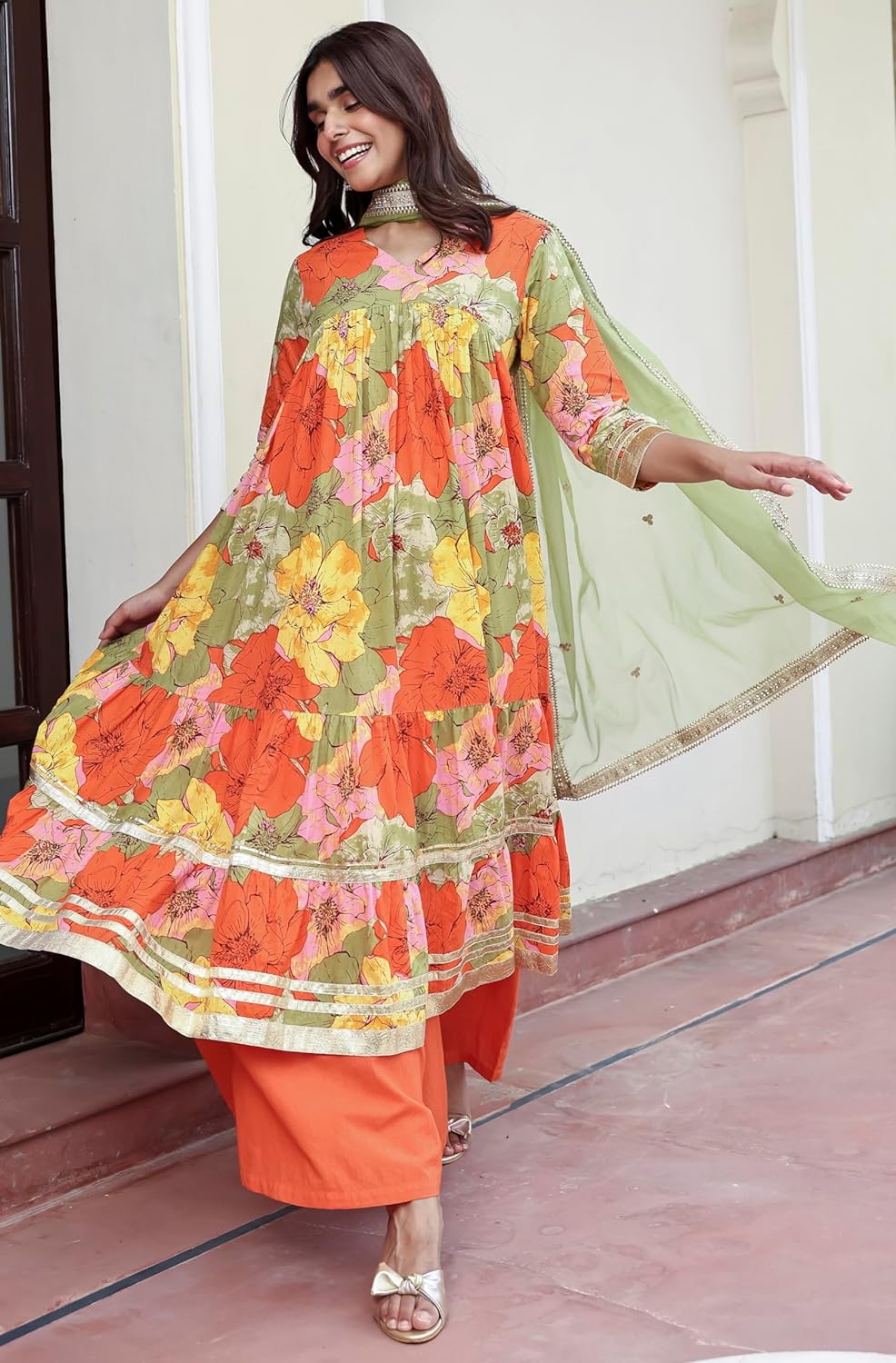 Janasya Women's Multicolor Cotton Floral Printed Kurta with Palazzo and Dupatta