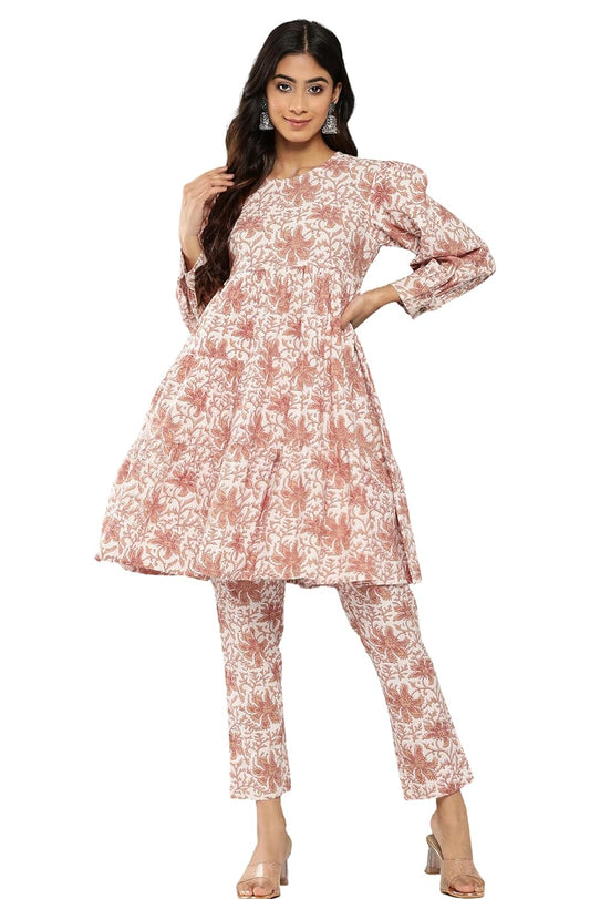 Janasya Women's White Cotton Botanical Printed Co-ords Set