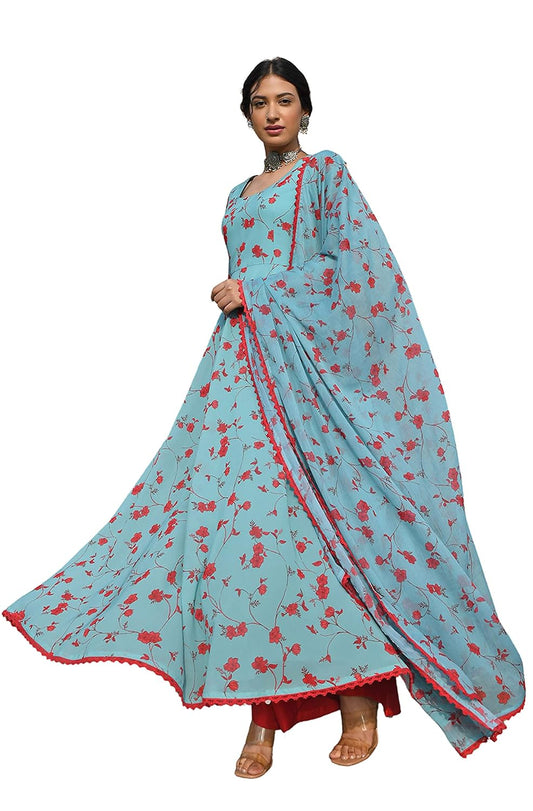 Janasya Women's Sea Green Georgette Floral Print Kurta with Flared Palazzo and Dupatta