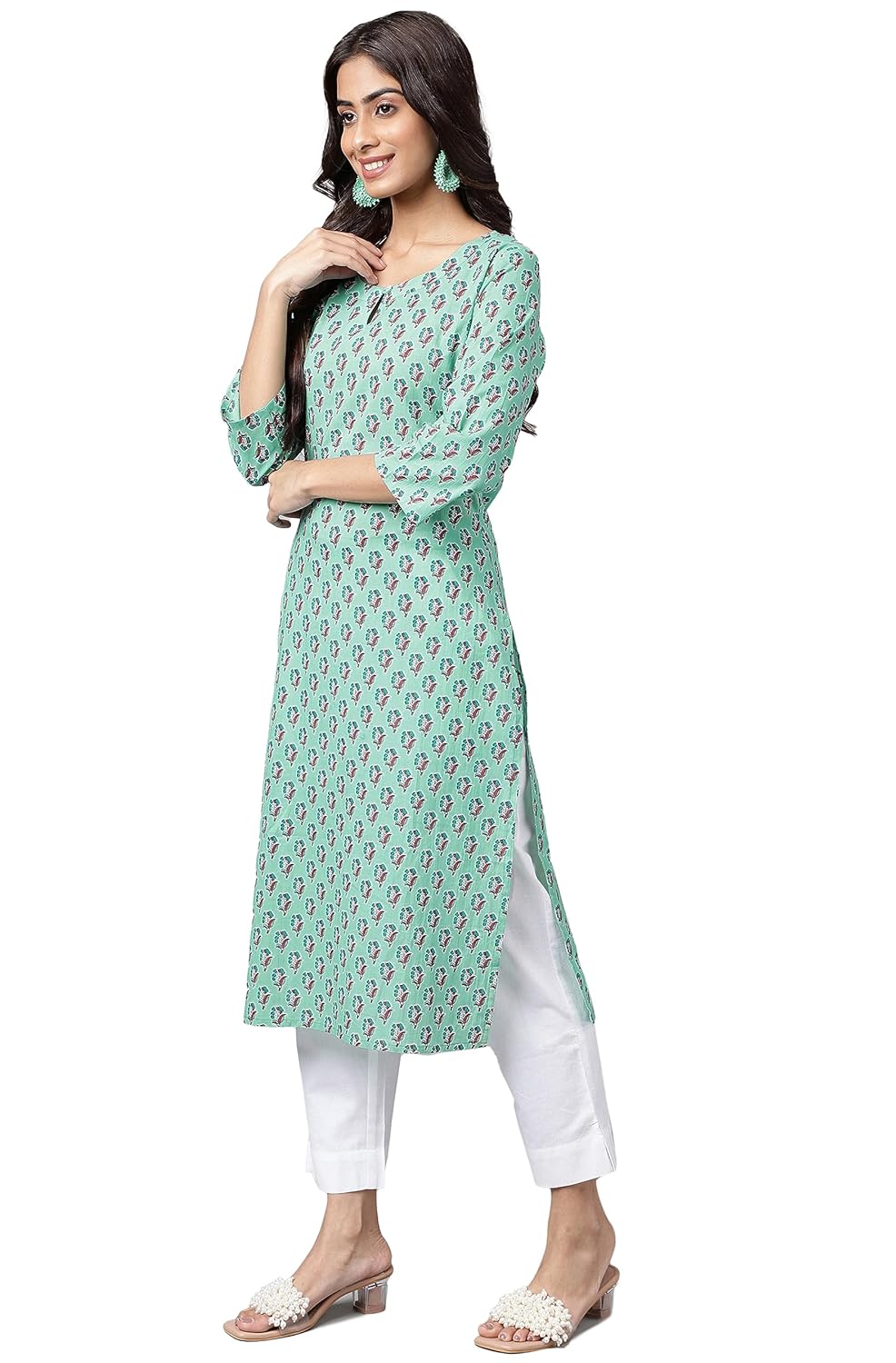 Janasya Women's Light Blue Cotton Ethnic Motifs Straight Kurta
