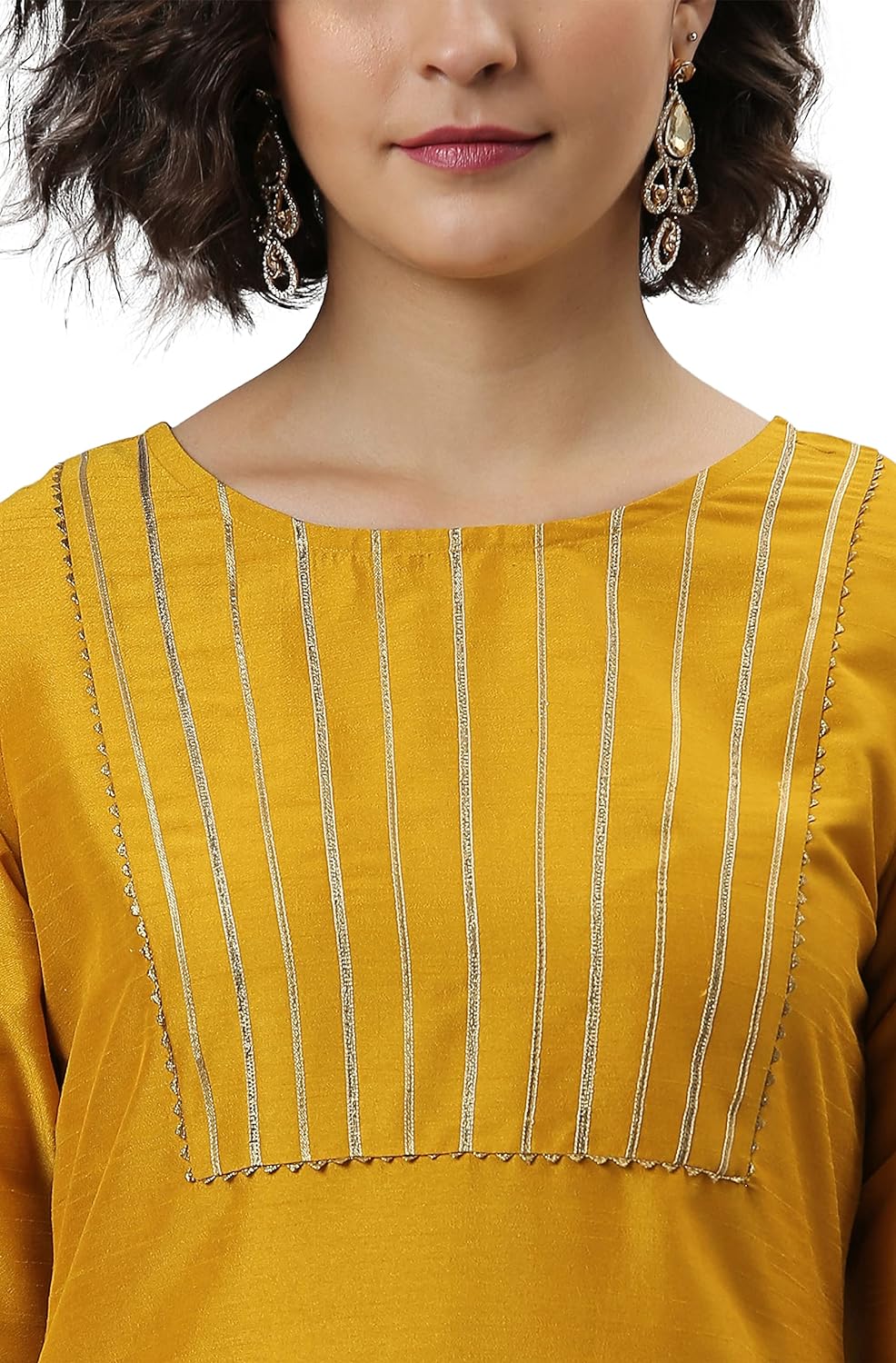 Janasya Women's Mustard Poly Silk Solid Kurta with Pant