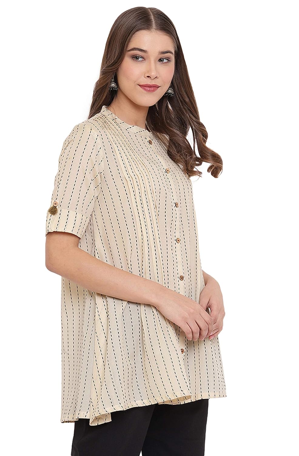 Janasya Women's Cream Pure Cotton Top