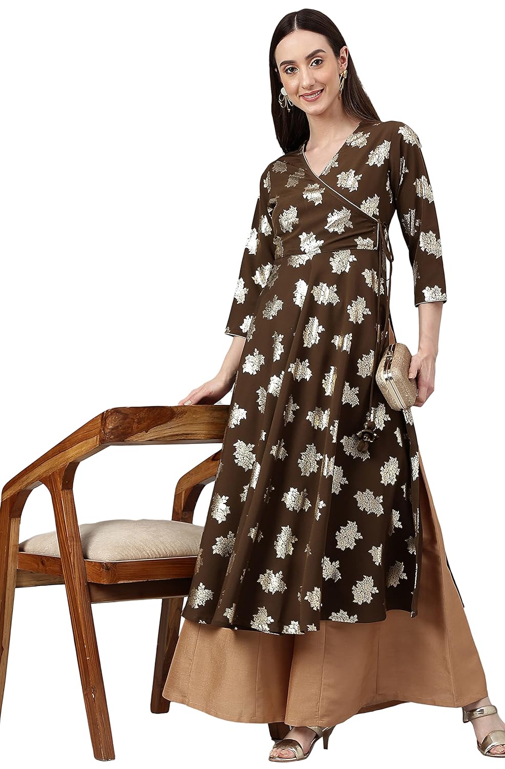 Janasya Women's Olive Crepe Foil Print Angrakha Kurta