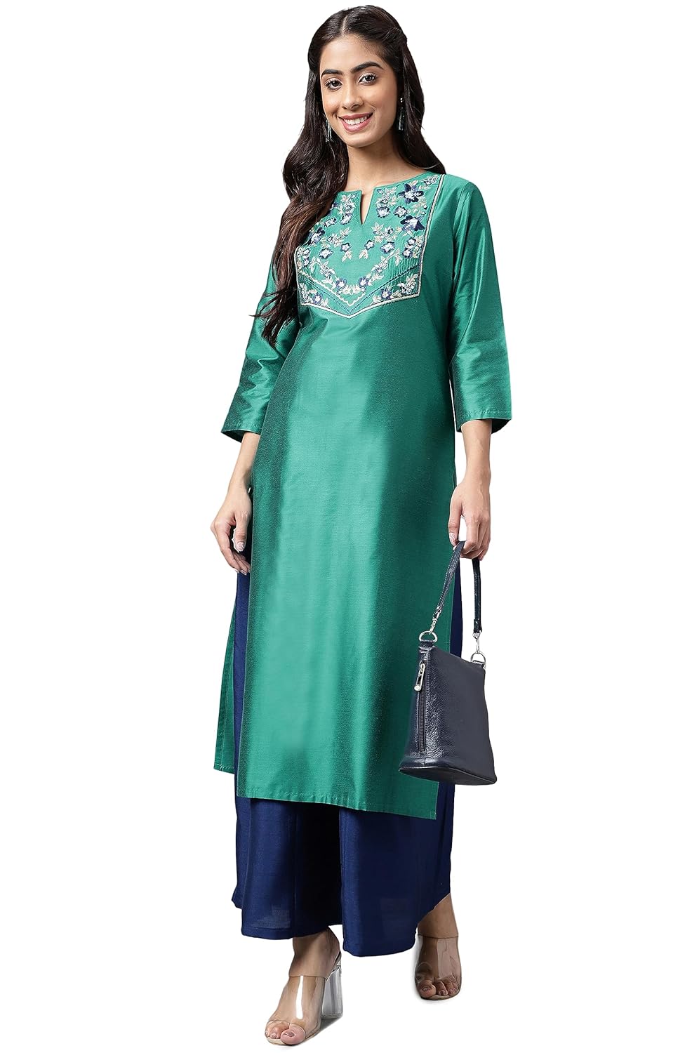 Janasya Women's Peacock Green Poly Silk Yoke Embroidered Straight Kurta