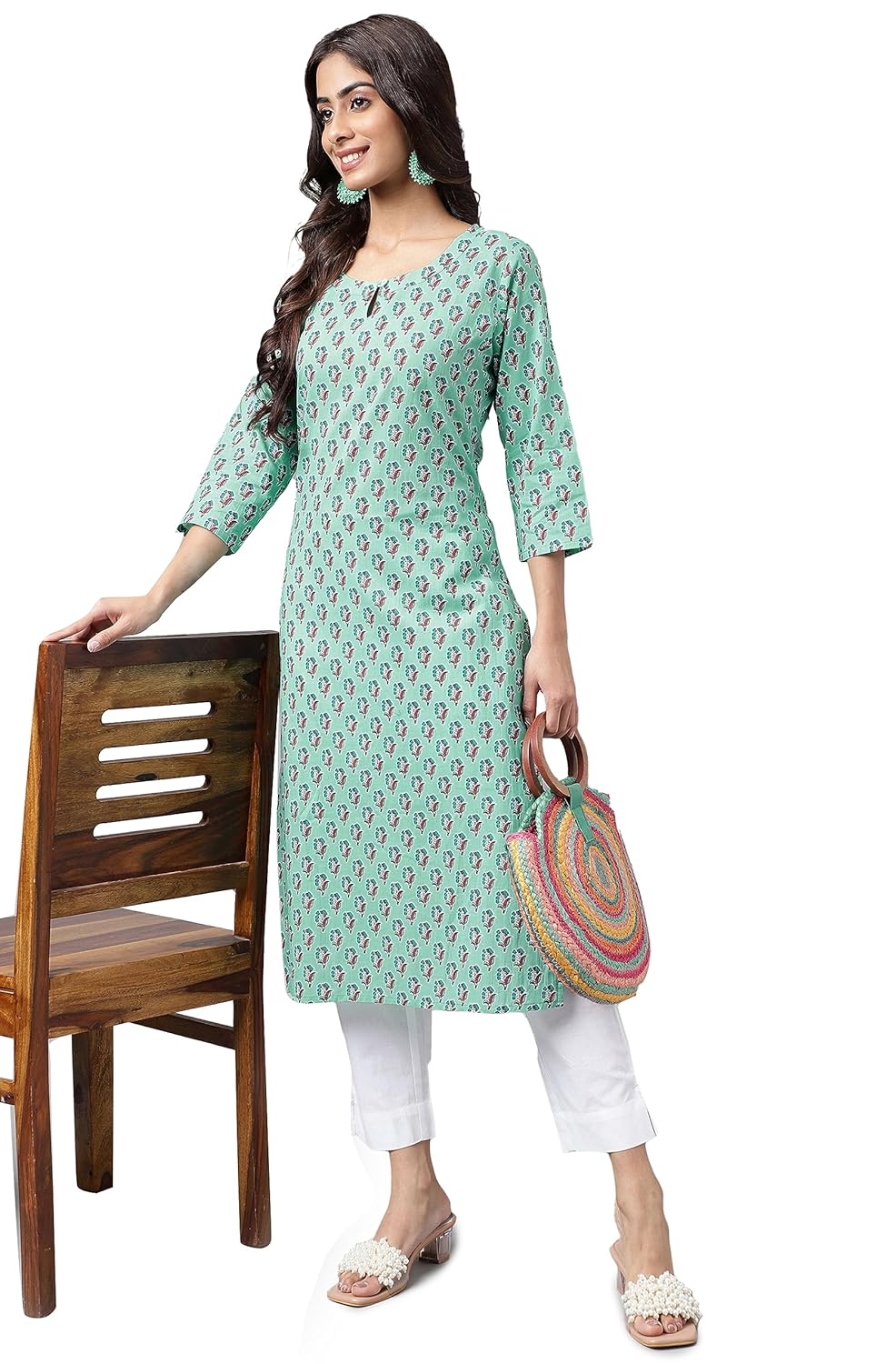 Janasya Women's Light Blue Cotton Ethnic Motifs Straight Kurta