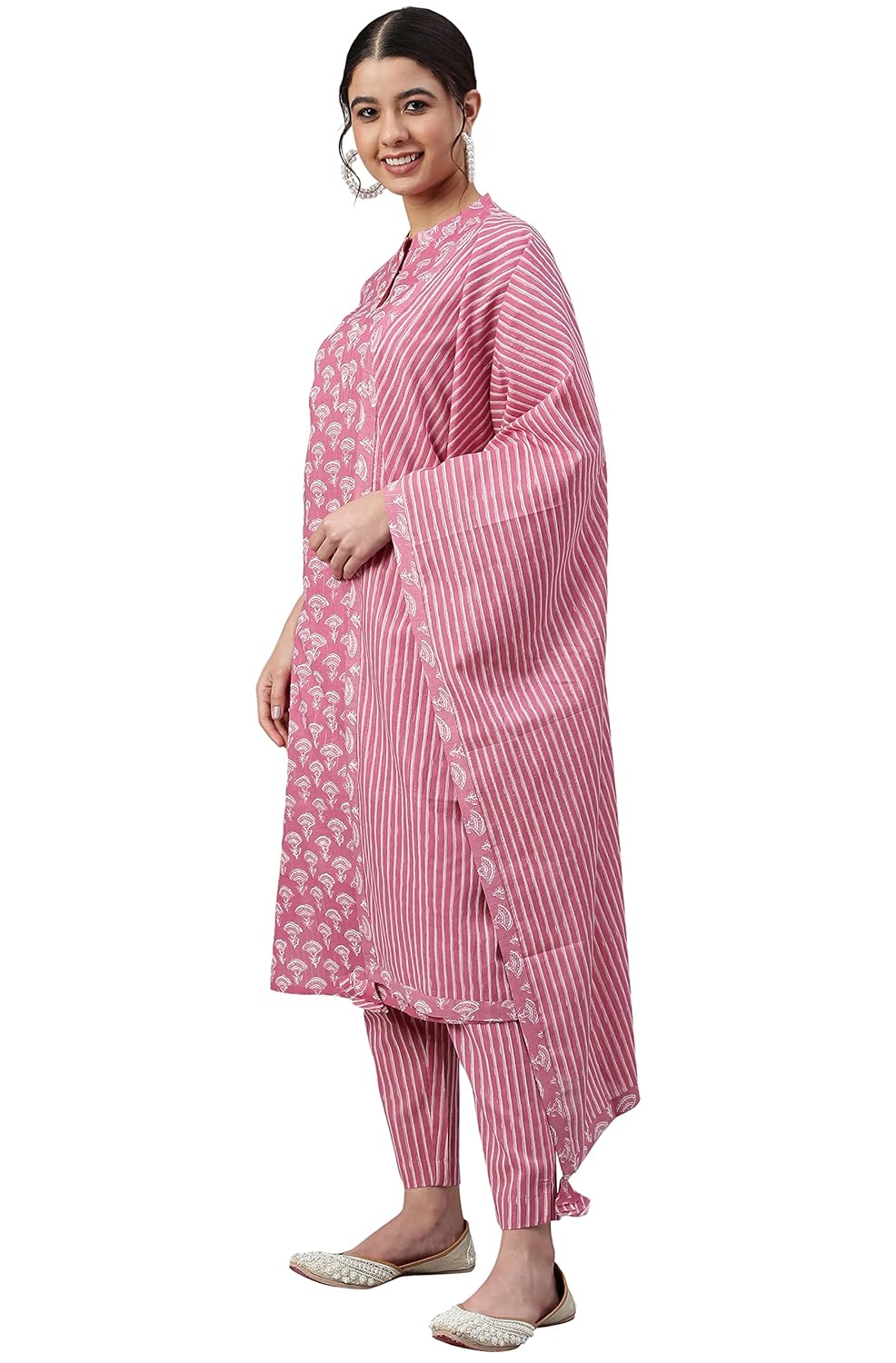 Janasya Women's Mauve Cotton Floral Print Kurta with Pant and Dupatta