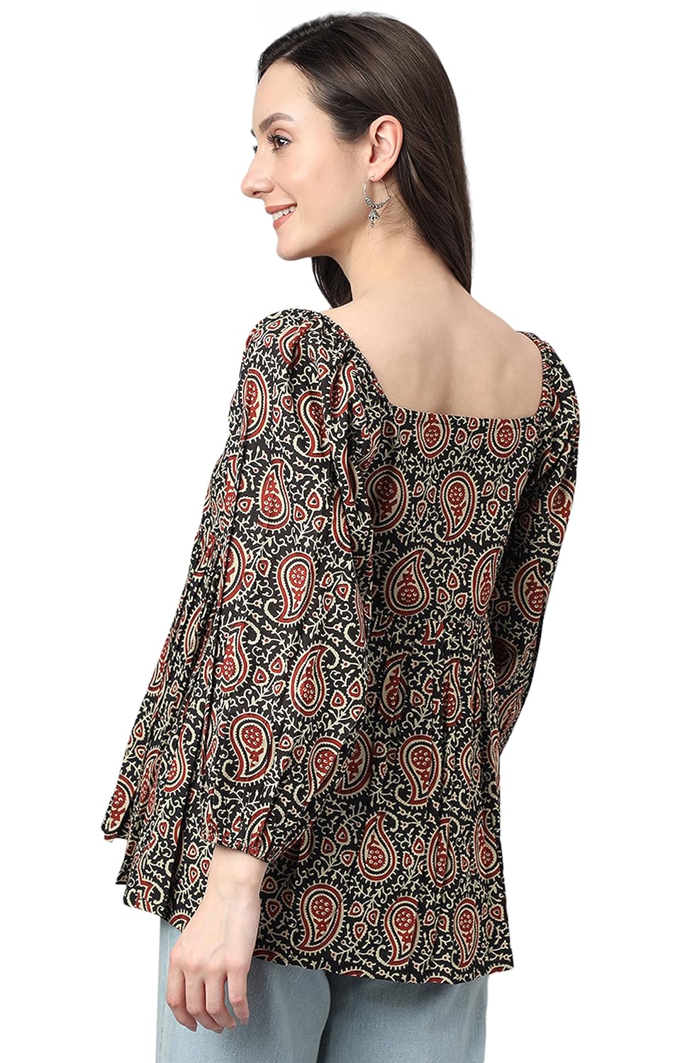 Janasya Women's Black Cotton Paisley Print Gathered Top