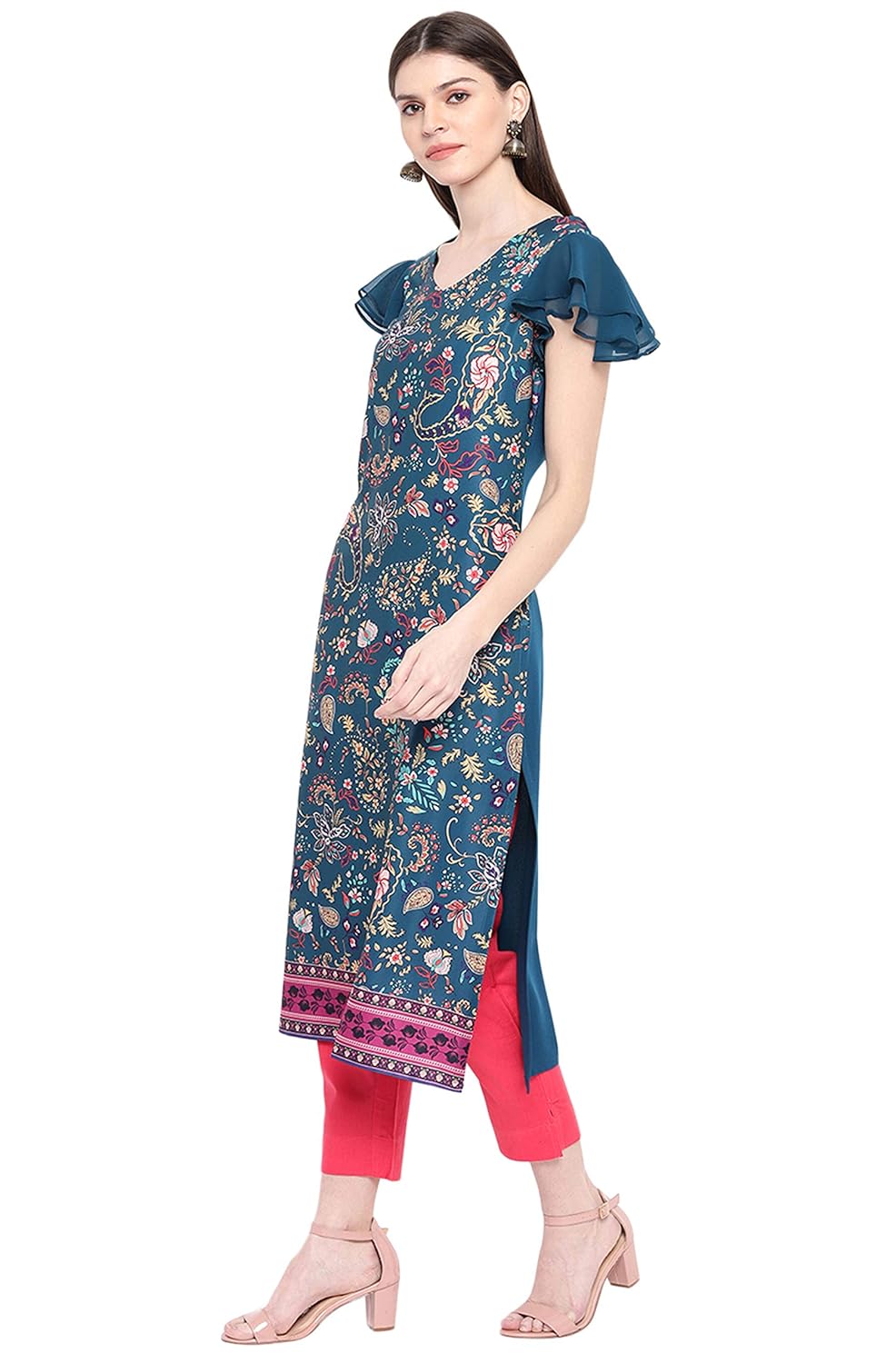 Janasya Women's Teal Poly Crepe Kurta