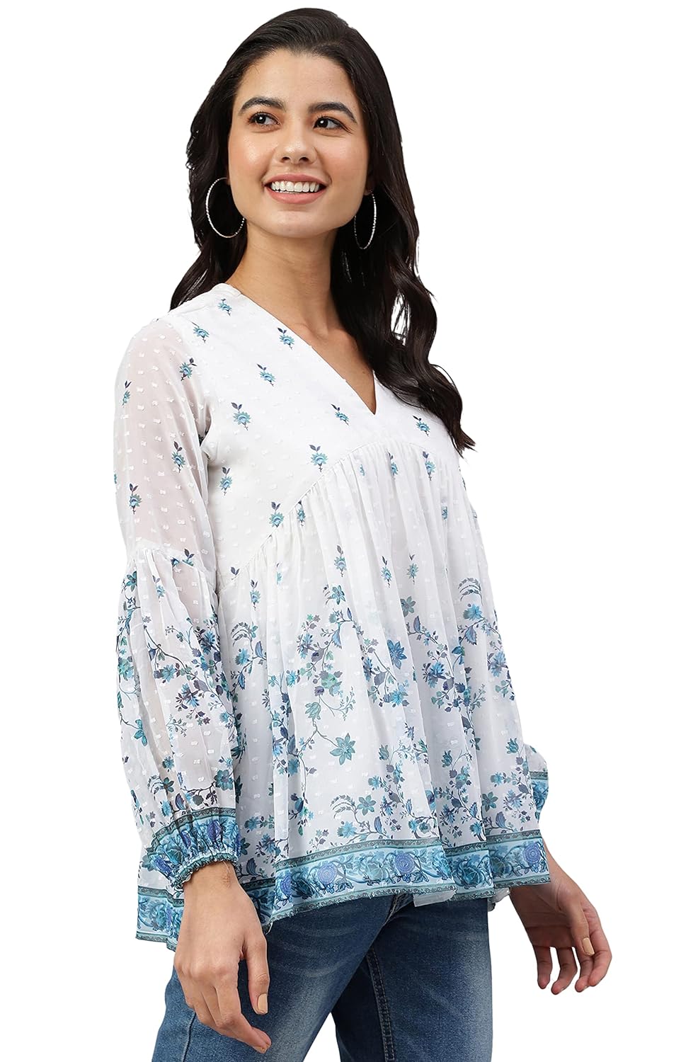 Janasya Women's White Georgette Digital Print Flared Top