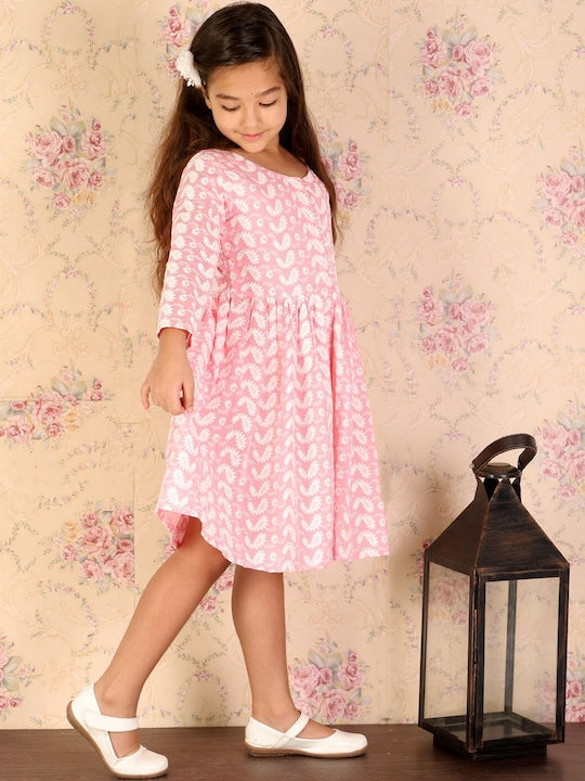 Vastramay Girls Pink Embroidered Chikankari Cotton Short Ethnic Dress