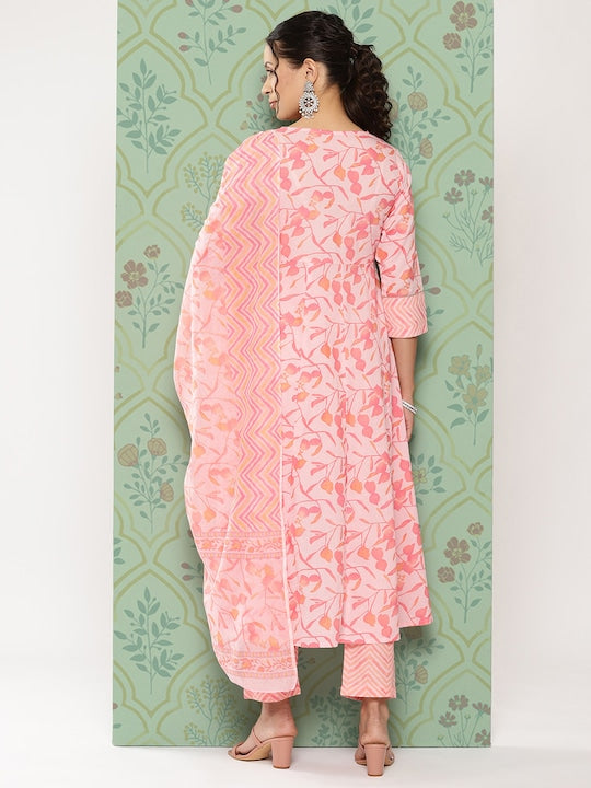 Yufta Women Floral Embroidered Gotta Patti Pure Cotton Kurta with Trousers & With Dupatta