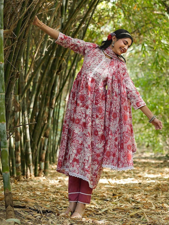 SCAKHI Floral Printed Pleated Chikankari Pure Cotton Kurta With Trousers & Dupatta
