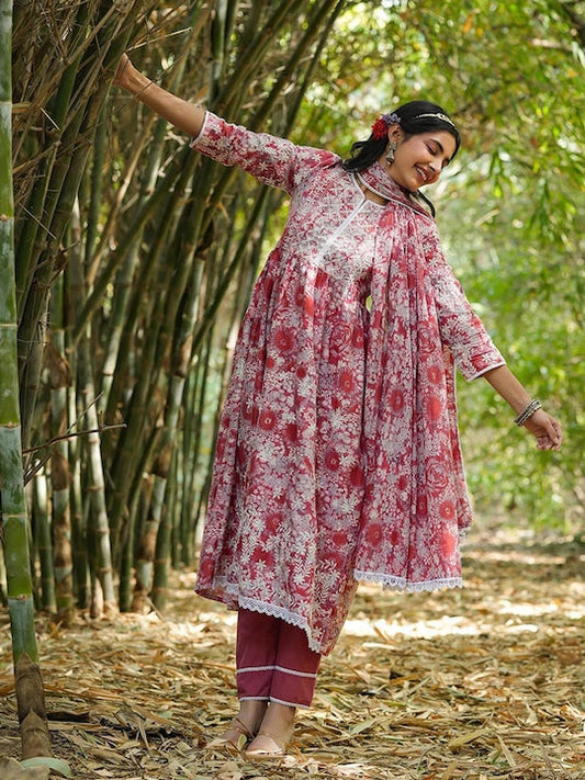 SCAKHI Floral Printed Pleated Chikankari Pure Cotton Kurta With Trousers & Dupatta