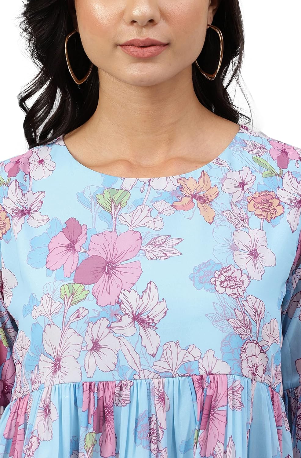 Janasya Women's Sky Blue Georgette Floral Print Flared Top