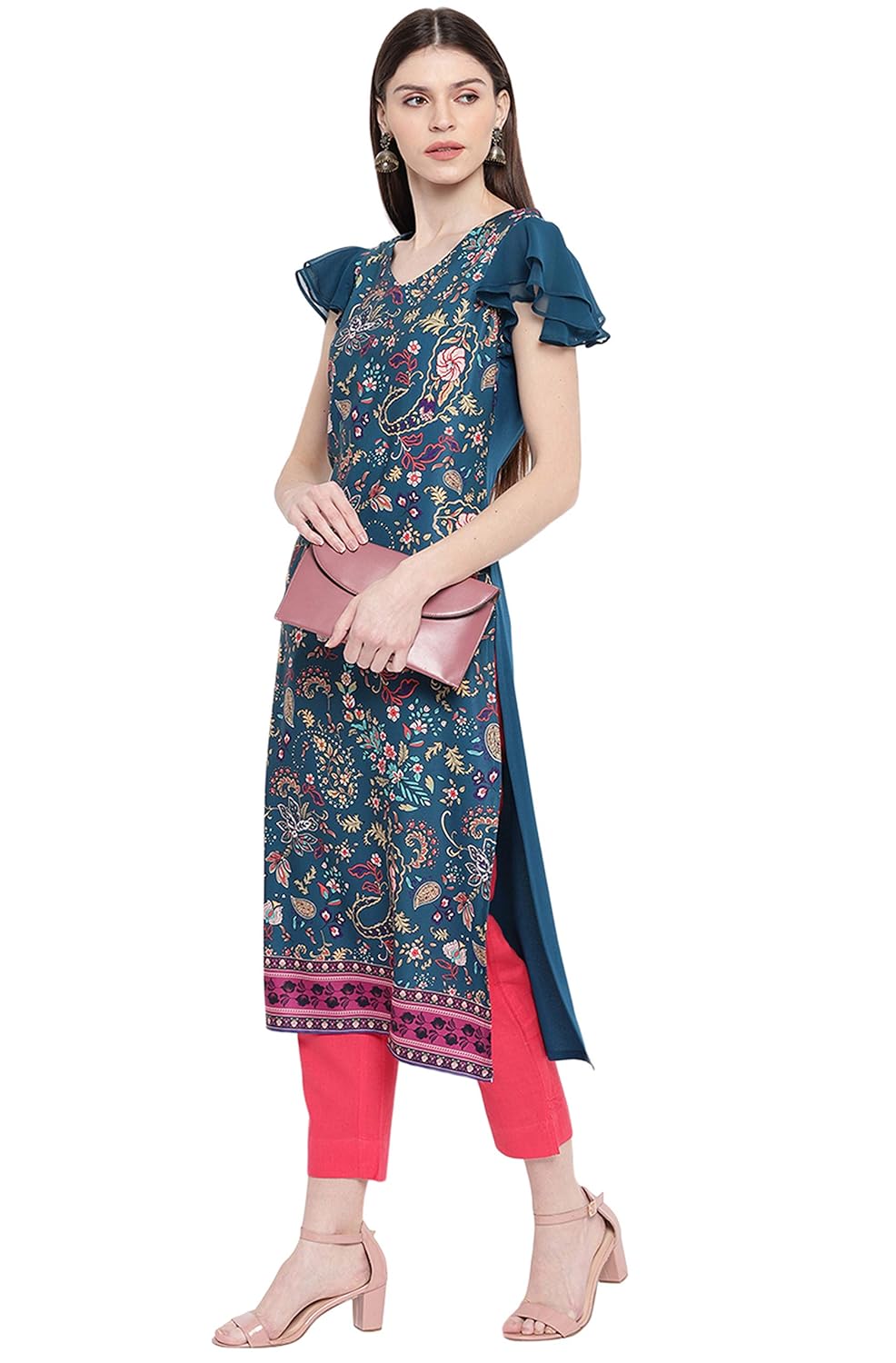 Janasya Women's Teal Poly Crepe Kurta