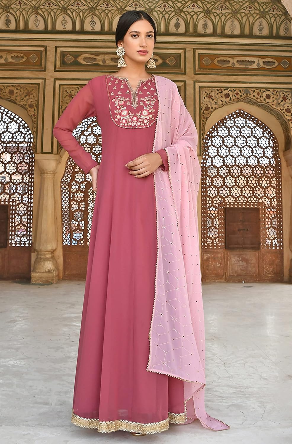 Janasya Women's Old Rose Georgette Embroidered Kurta with Dupatta