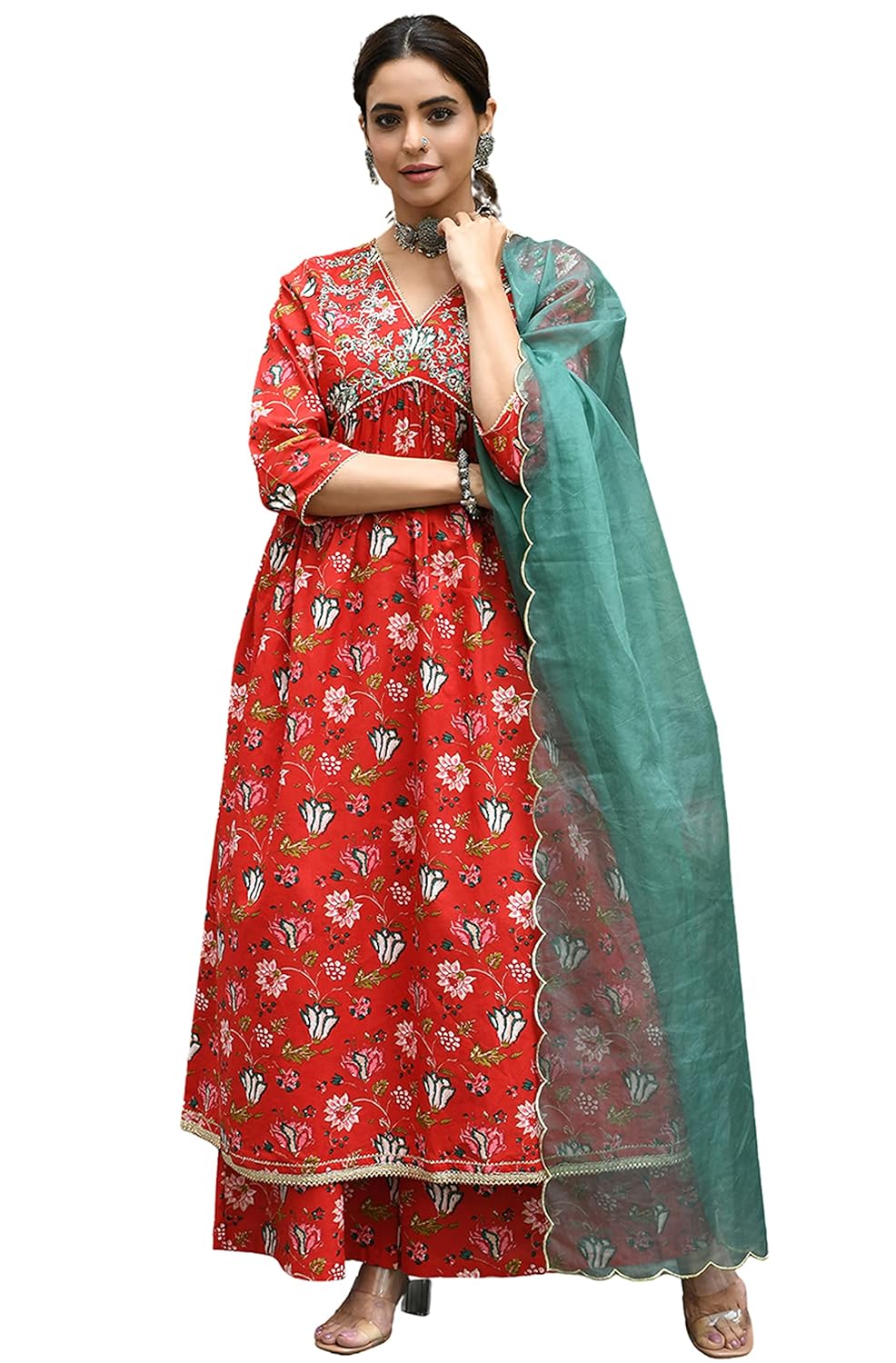 Janasya Women's Red Cotton Floral Block Print Kurta with Palazzo and Dupatta