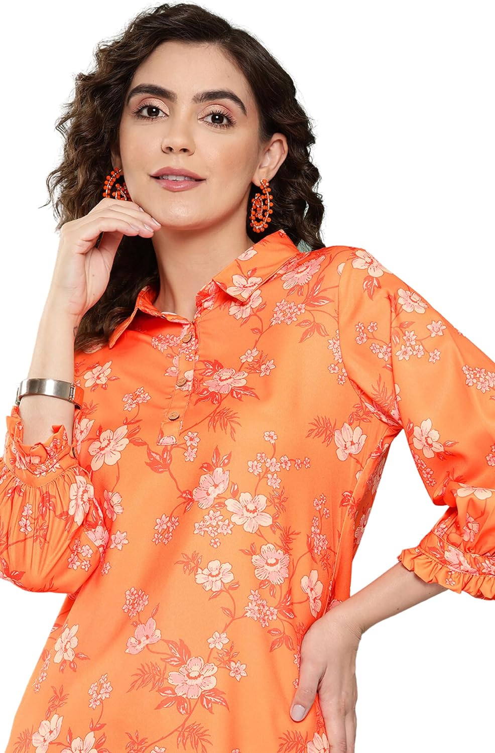 Janasya Women's Orange Moss Digital Floral Printed Co-ords Set