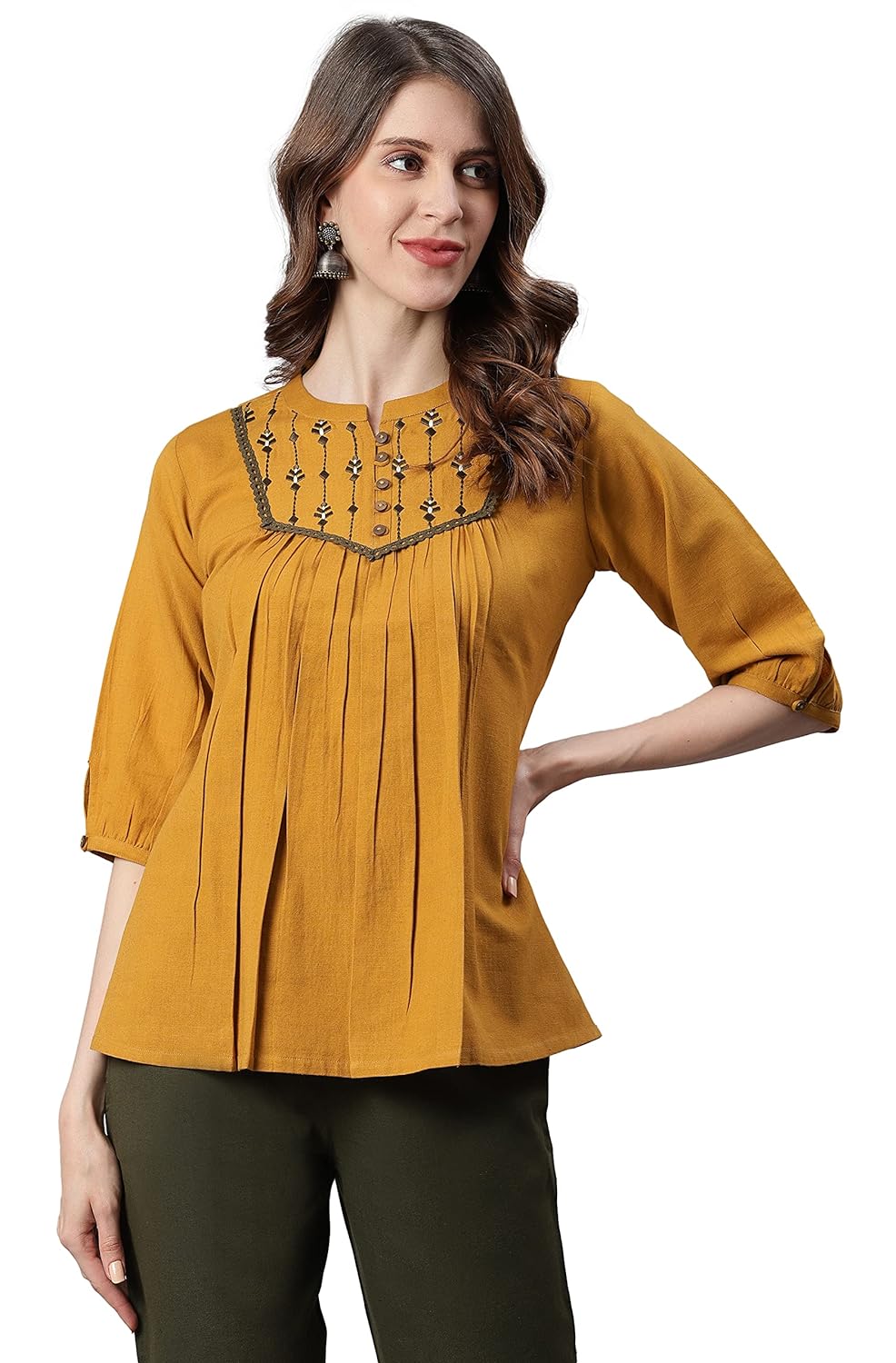 Janasya Women's Mustard Cotton Flex Top