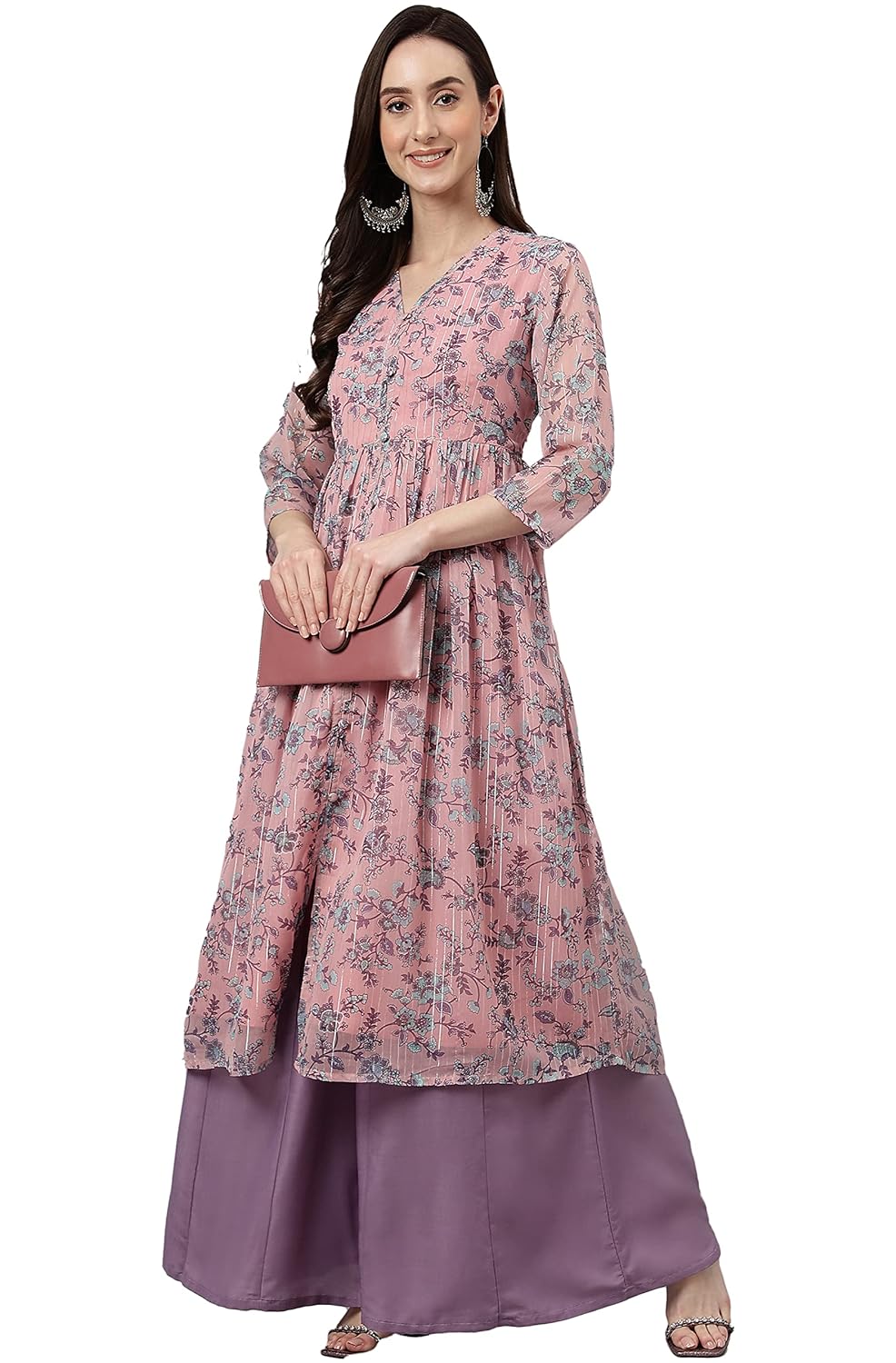 Janasya Women's Pink Chiffon Lurex Floral Printed Flared Kurta