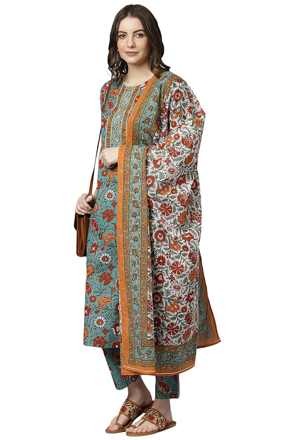 Janasya Women's Green Cotton Kurta With Pant And Dupatta