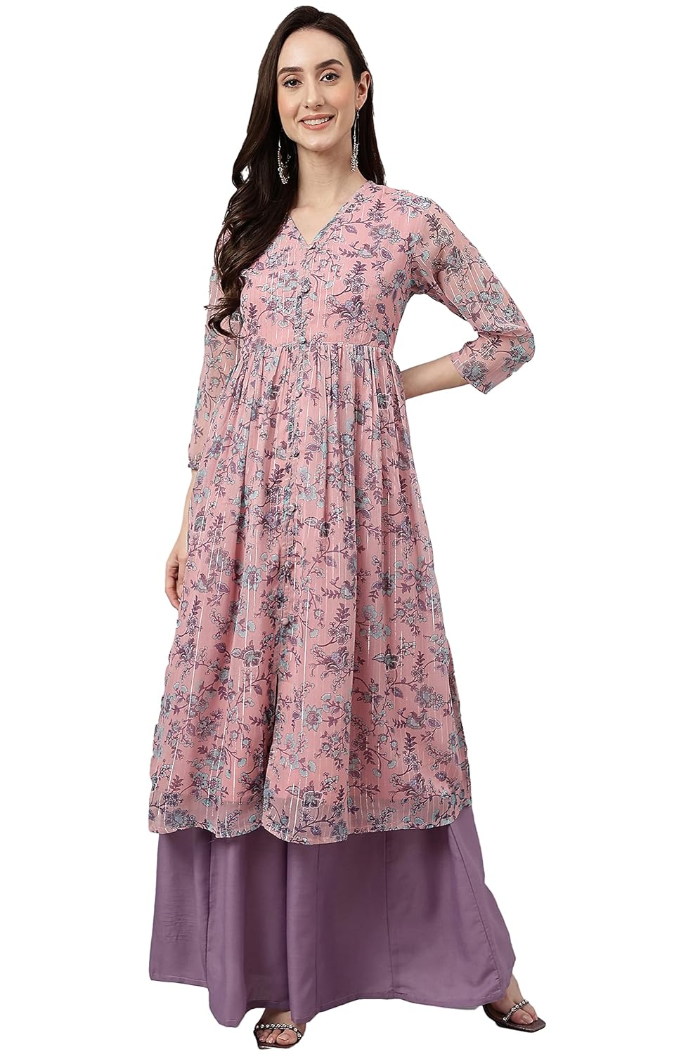 Janasya Women's Pink Chiffon Lurex Floral Printed Flared Kurta