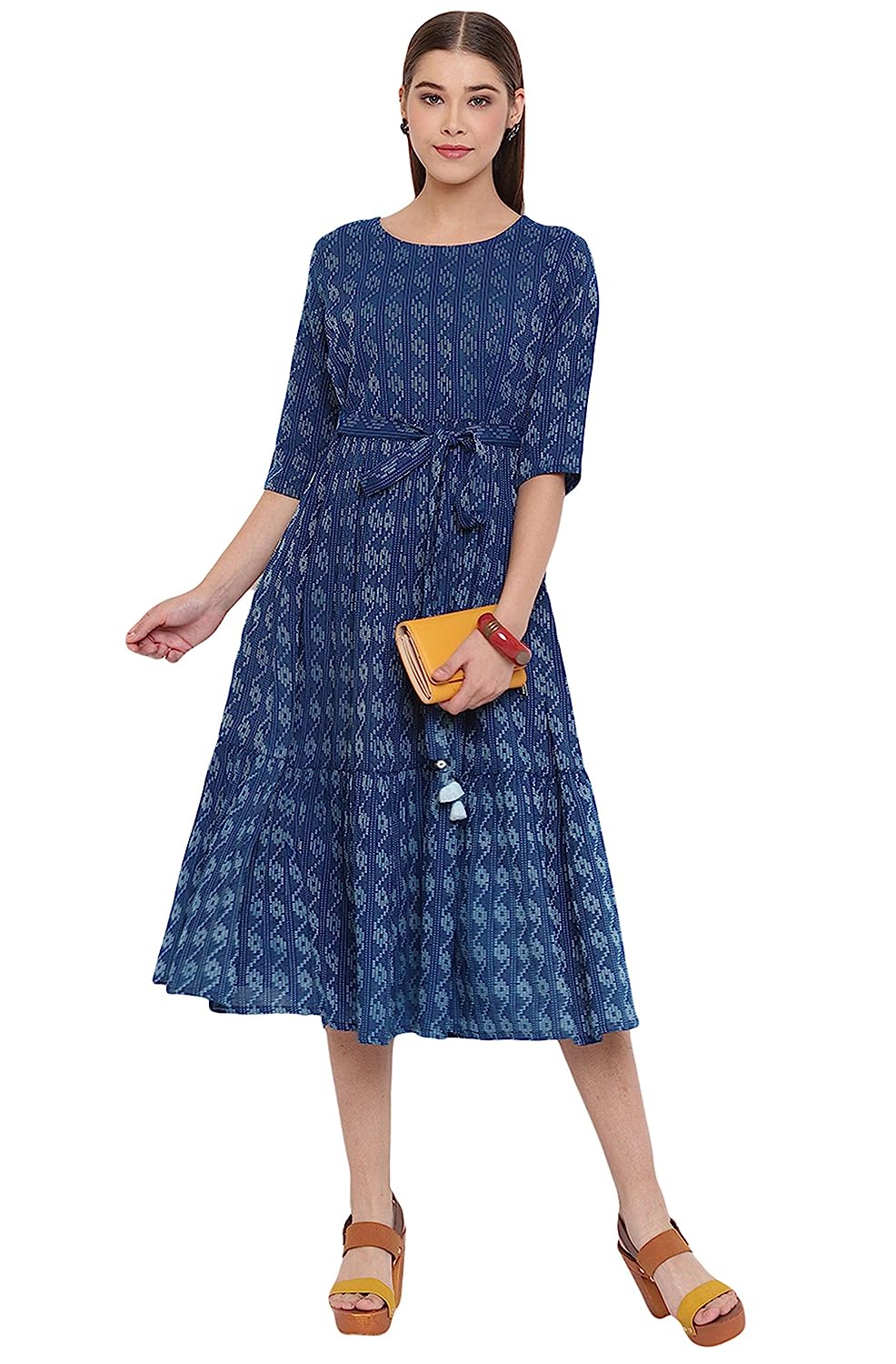 Janasya Women's Blue Cotton Woven Midi Dress Blue