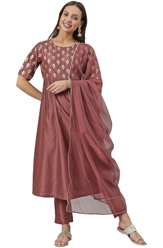 Janasya Women's Brown Poly Silk Foil Print Kurta with Pant and Dupatta