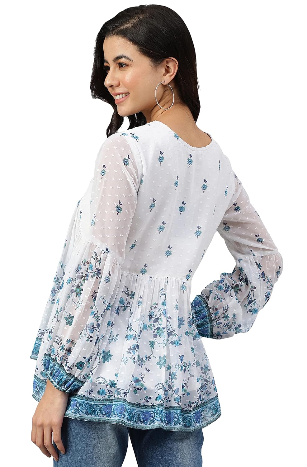Janasya Women's White Georgette Digital Print Flared Top