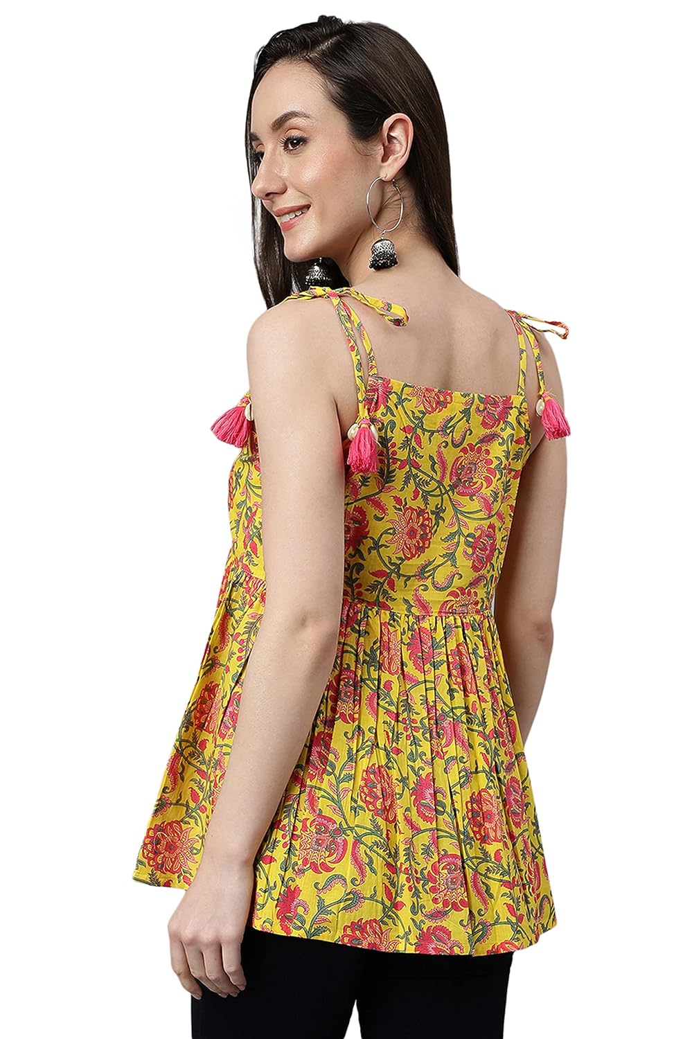 Janasya Women's Yellow Cotton Floral Print Peplum Top