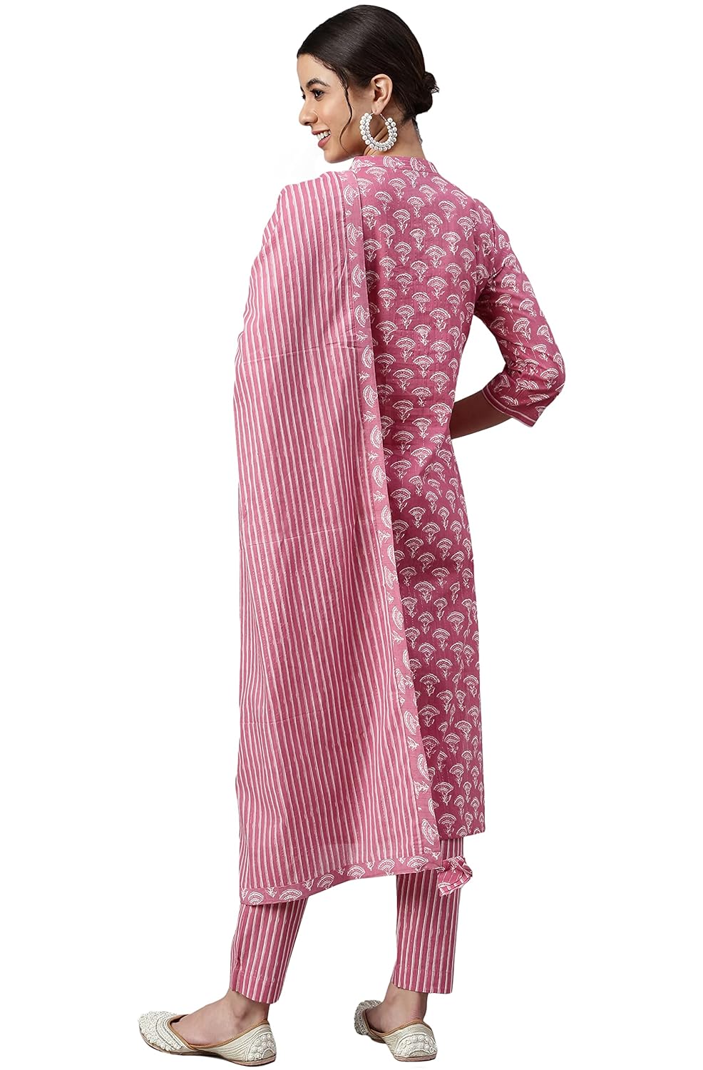 Janasya Women's Mauve Cotton Floral Print Kurta with Pant and Dupatta