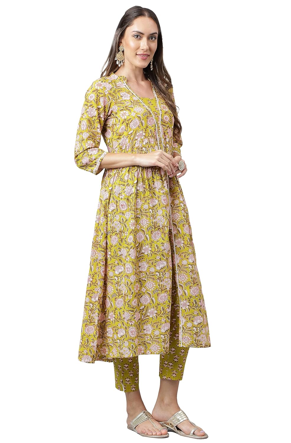 Janasya Women's Green Cotton Floral Printed Kurta with Pant