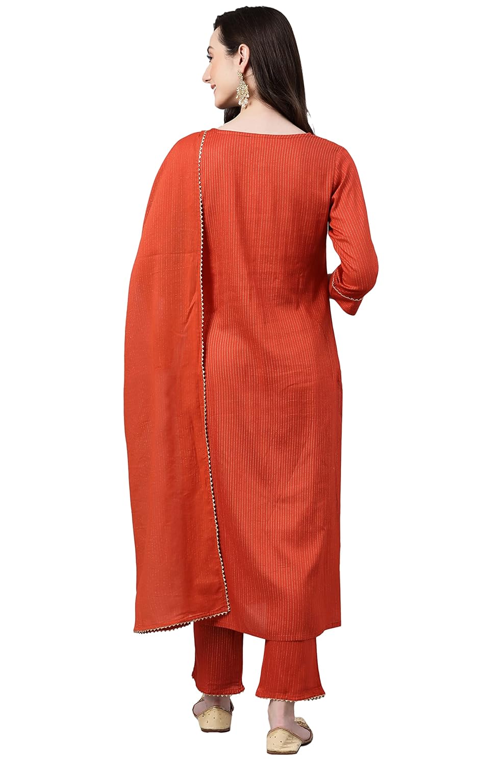 Janasya Women's Orange Rayon Striped Kurta with Pant and Dupatta