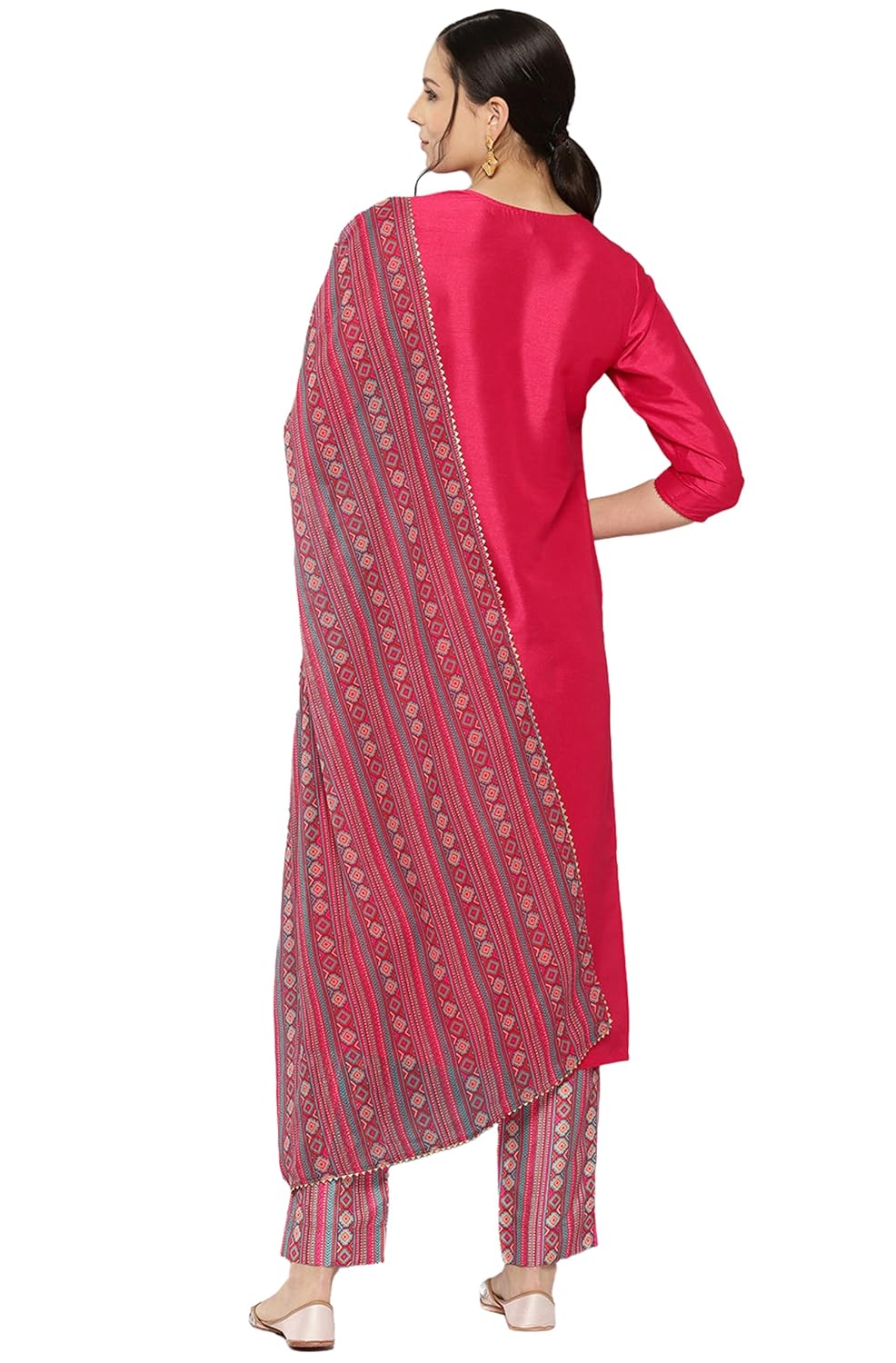 Janasya Women's Pink Crepe Silk Yoke Embroidered Solid Kurta with Pant and Dupatta