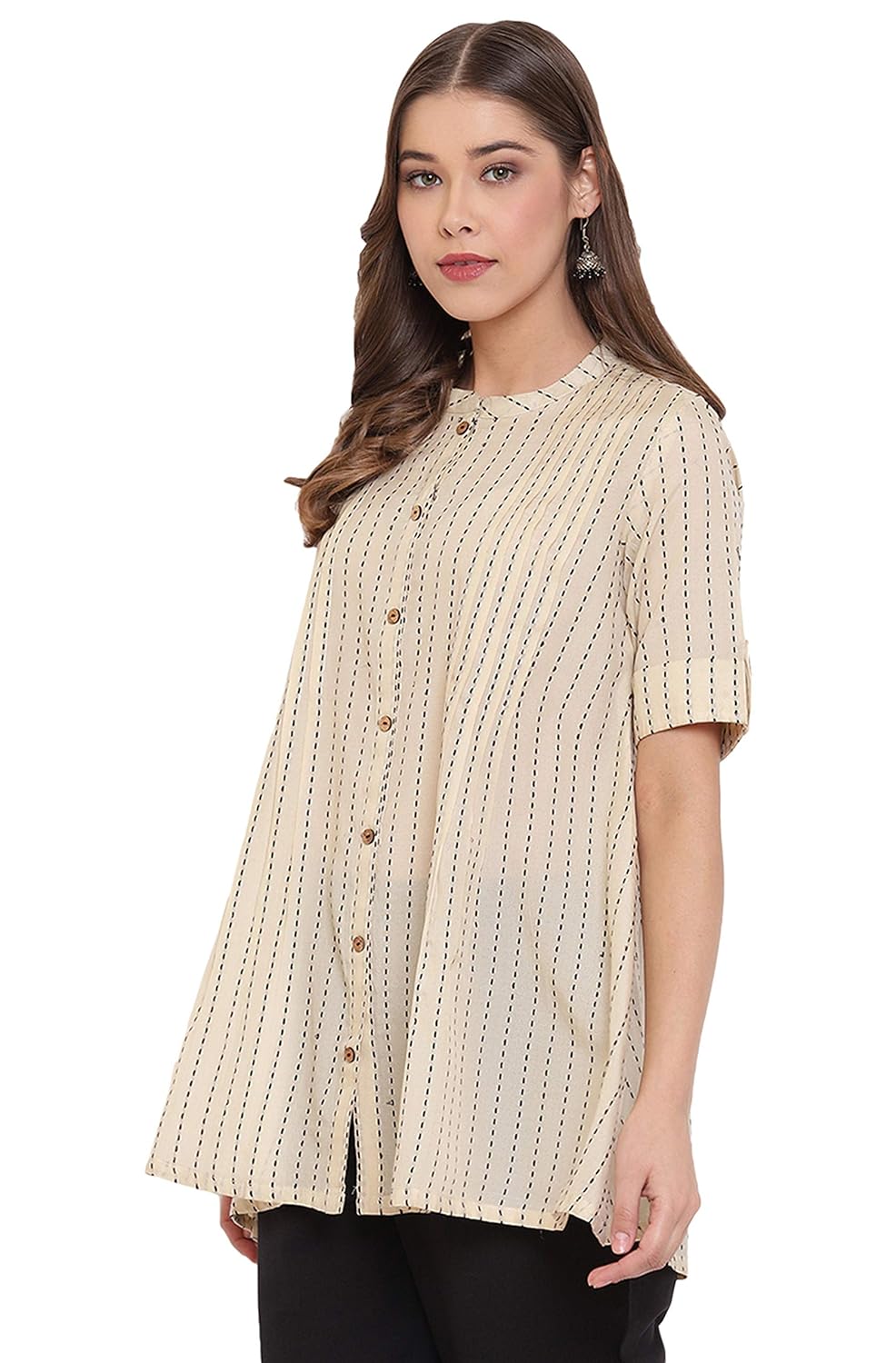 Janasya Women's Cream Pure Cotton Top
