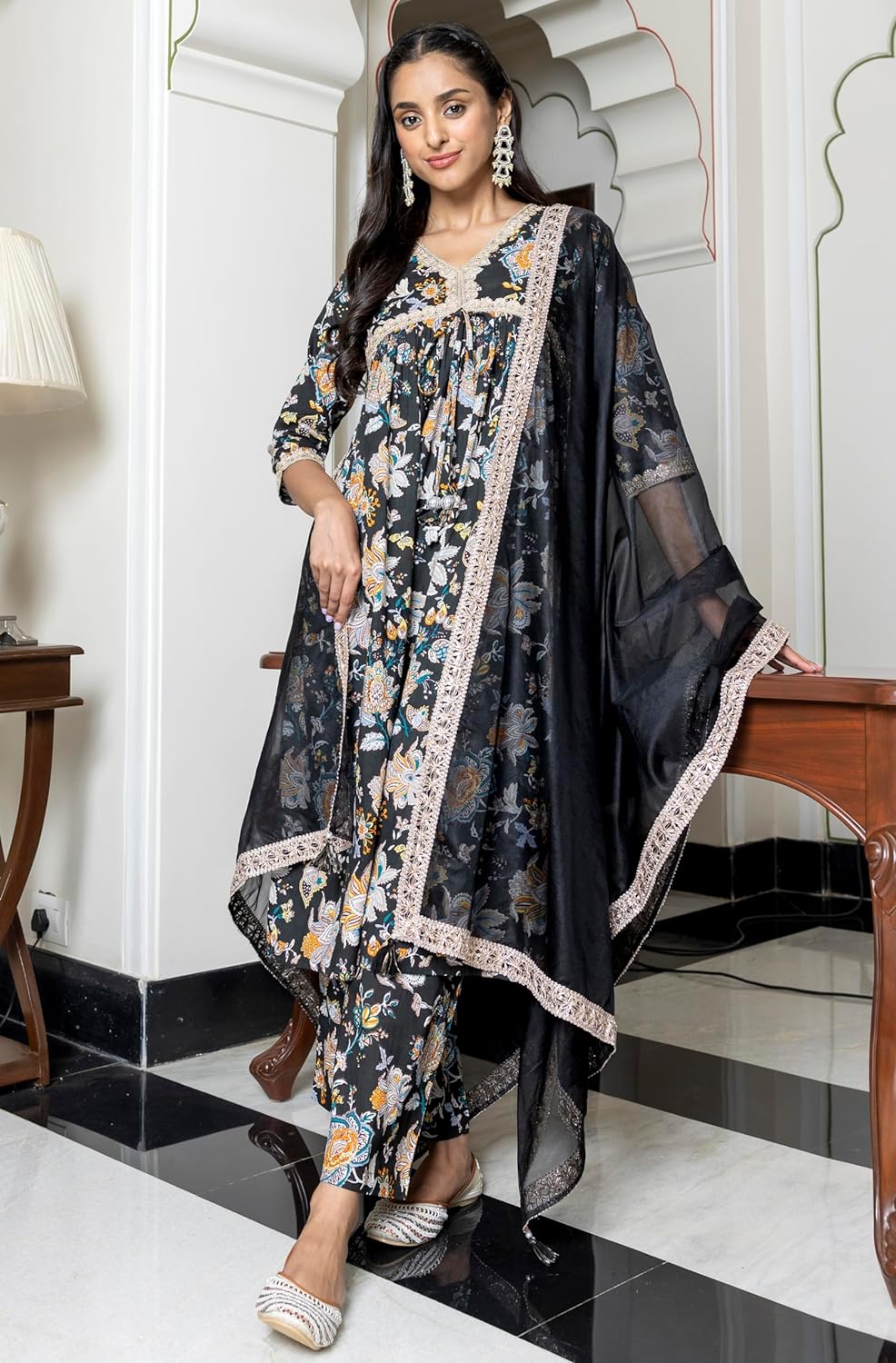 Janasya Women's Black Cotton Embellished Kurta with Palazzo and Dupatta