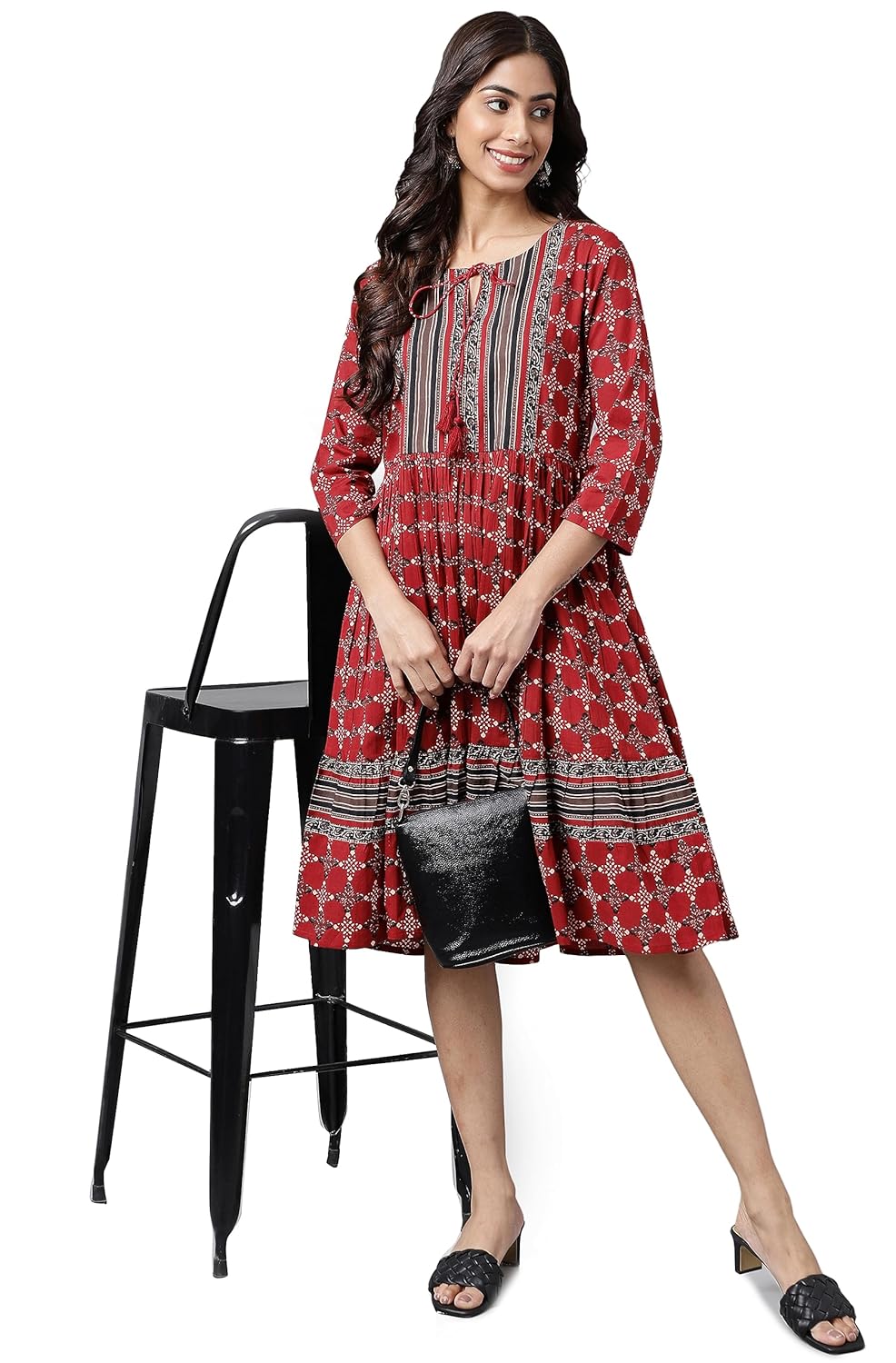 Janasya Women's Maroon Cotton Ethnic Motifs Printed Flared Dress