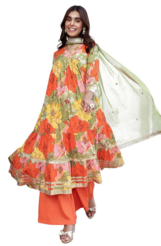 Janasya Women's Multicolor Cotton Floral Printed Kurta with Palazzo and Dupatta