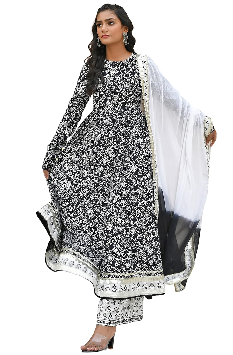 Janasya Women's Black Cotton Floral Print Kurta with Palazzo and Dupatta - S