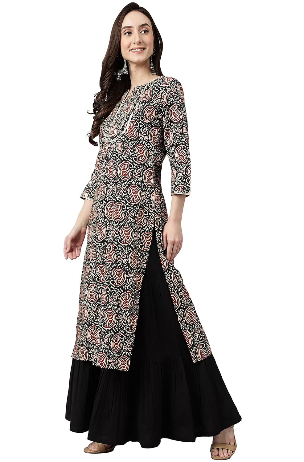 Janasya Women's Black Cotton Paisley Straight Kurta